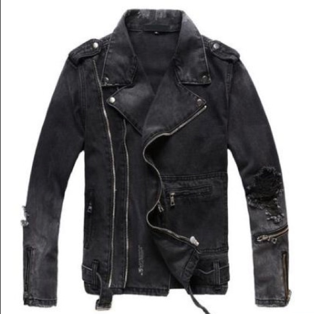 Motorcycle biker denim jacket coat black size xl
